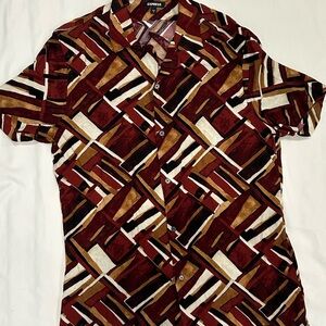 Express Men's Abstract Pattern Short Sleeve Shirt - Red, Brown, and White